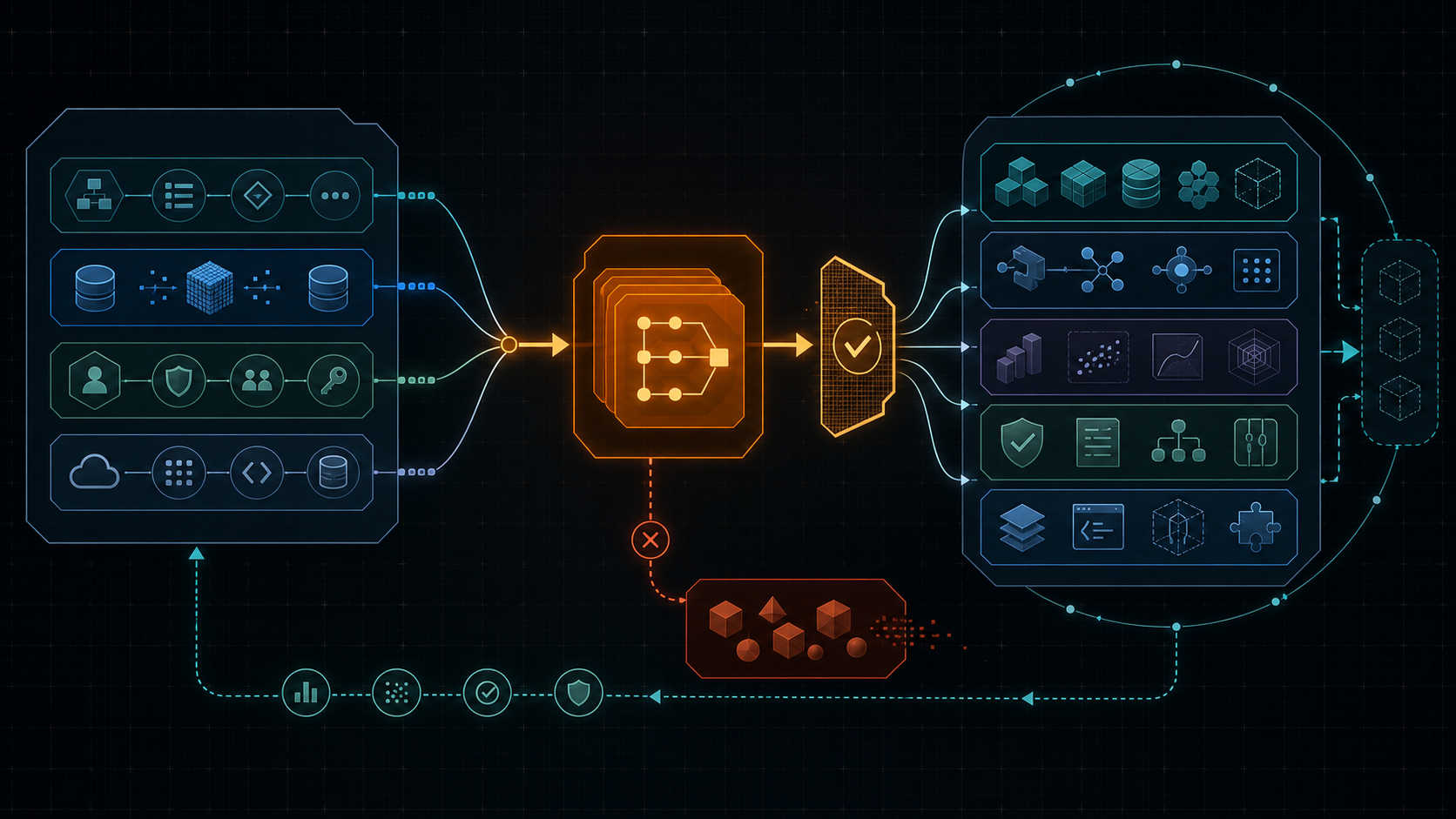 Field-to-platform diagram showing a customer deployment becoming reusable product-suite capabilities with a feedback loop and an isolated bespoke-work branch